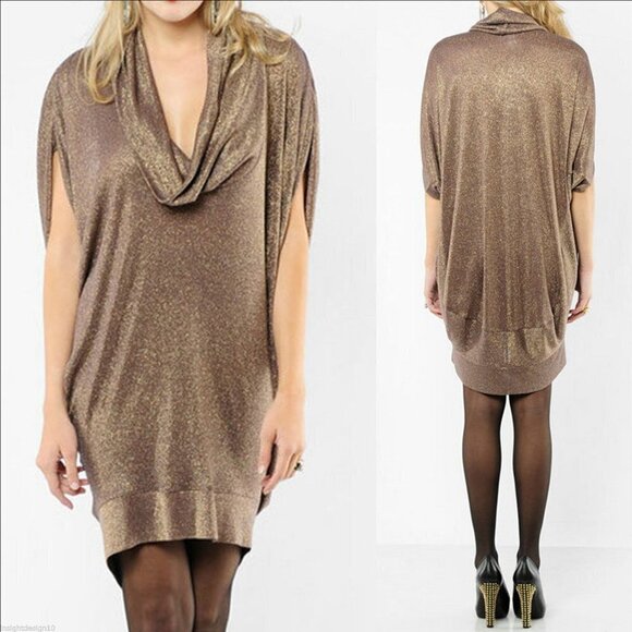 Halston Heritage Metallic Bronze Cowl Neck Dolman Sleeve Tunic Dress SZ S (4) - Picture 1 of 12